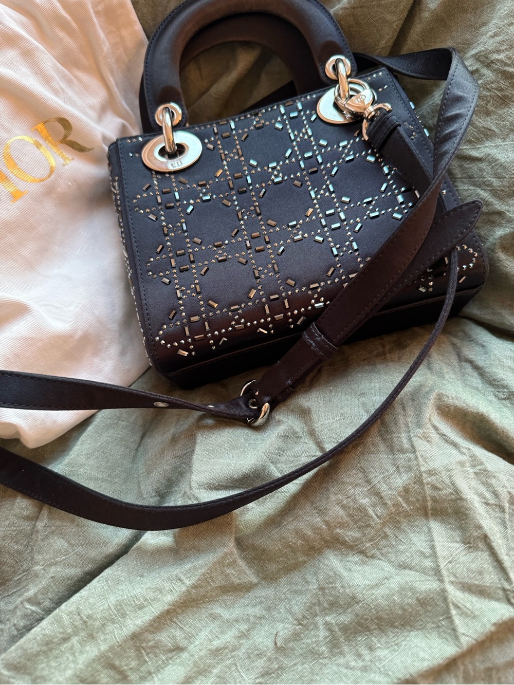 Dior Dark Navy Satin Crystal Lady Dior Mini - Picture 7 of 16